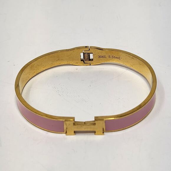 Pink Enamel Gold Tone Oval Clamper Hinge Bracelet Layer Stack Pastel Jewelry - Picture 2 of 5